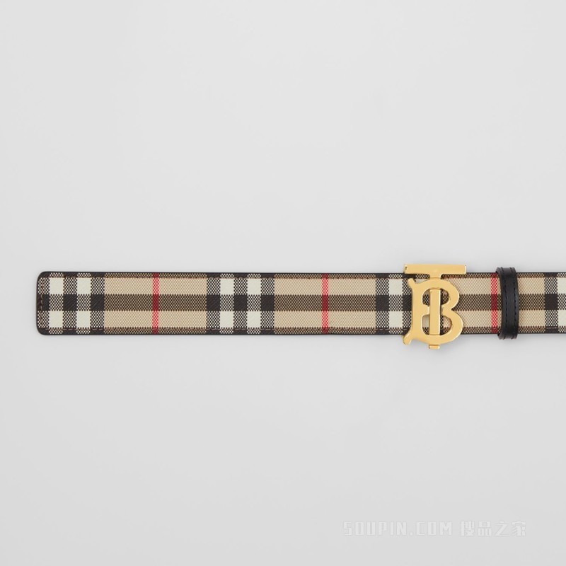 双面两用 Vintage 格纹专属标识图案腰带 (米色 / 黑色 / 金色)