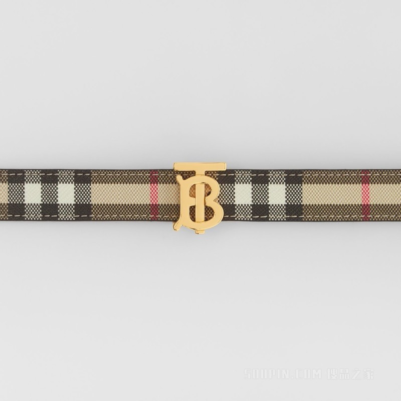 双面两用 Vintage 格纹拼皮革腰带 (典藏米色 / 棕褐色 / 金色) - 女士