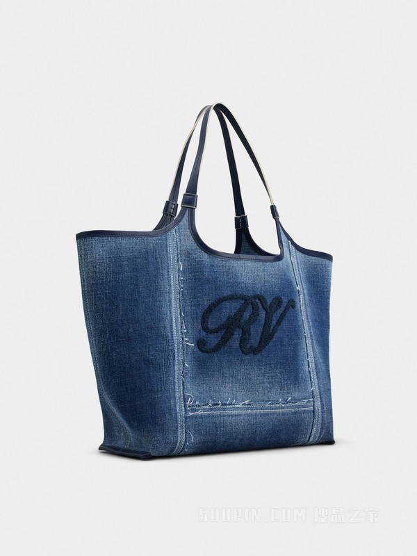 Grand Vivier中号牛仔面料购物手袋 蓝色