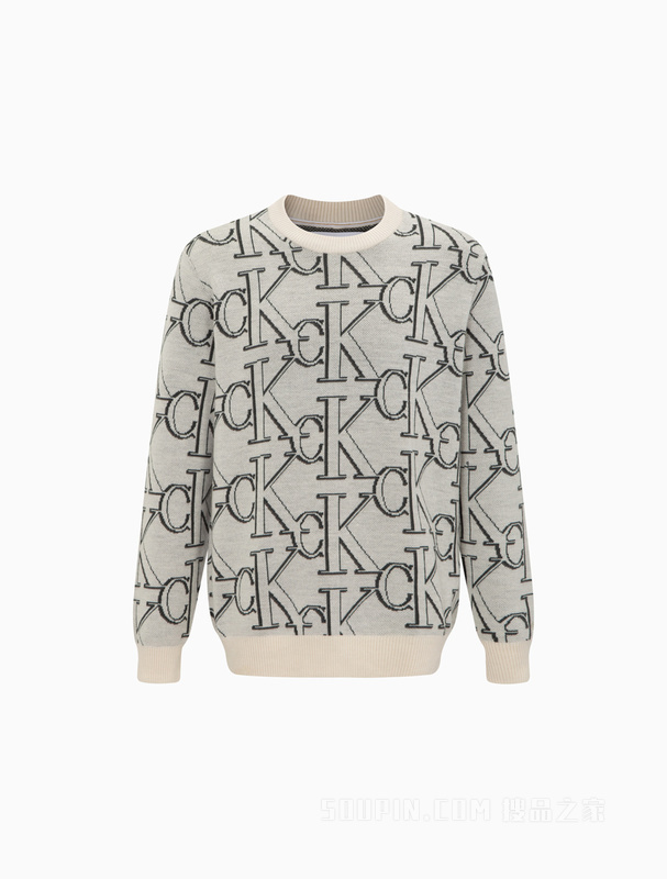 Calvin Klein 22早秋新款男时尚圆领LOGO提花羊毛衫套头针织衫毛衣J322304