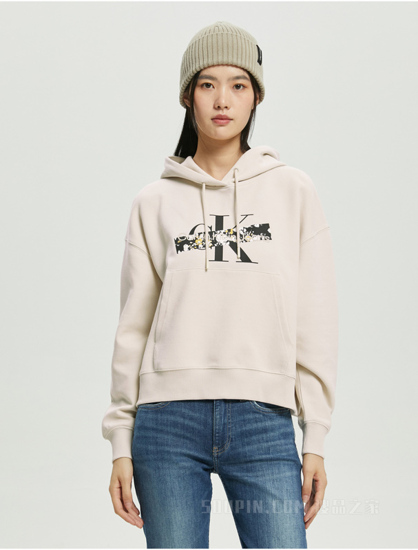 Calvin Klein 22秋冬新款女士时尚交叠LOGO经典抽绳连帽卫衣J220165