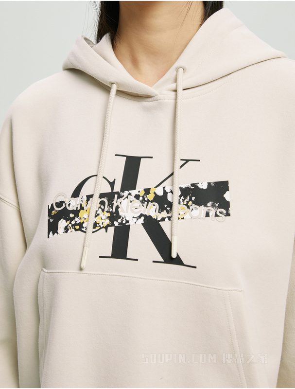 Calvin Klein 22秋冬新款女士时尚交叠LOGO经典抽绳连帽卫衣J220165