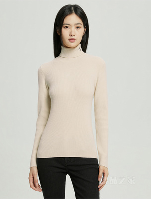 Calvin Klein 22秋冬新款女士复古高领羊毛混纺刺绣针织衫毛衣J219779