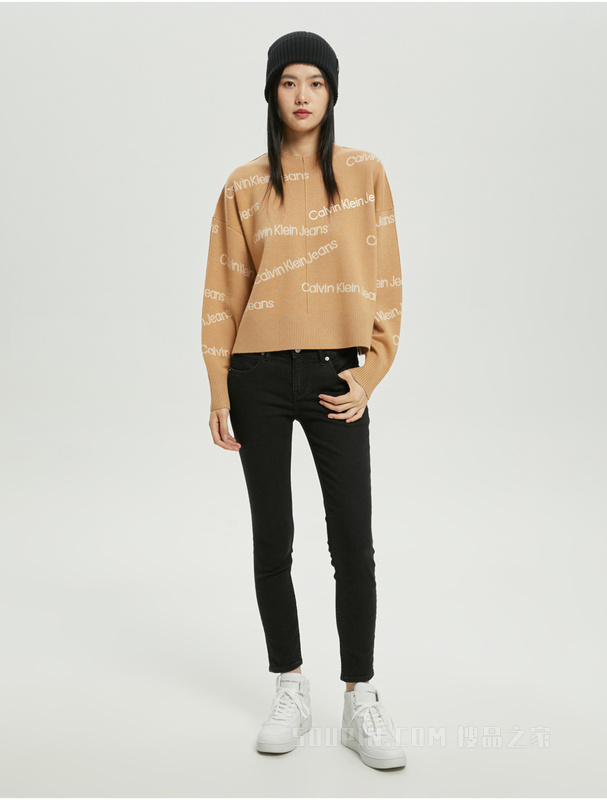 Calvin Klein 22秋冬新款女士时尚LOGO提花保暖羊毛毛衣针织衫J219941