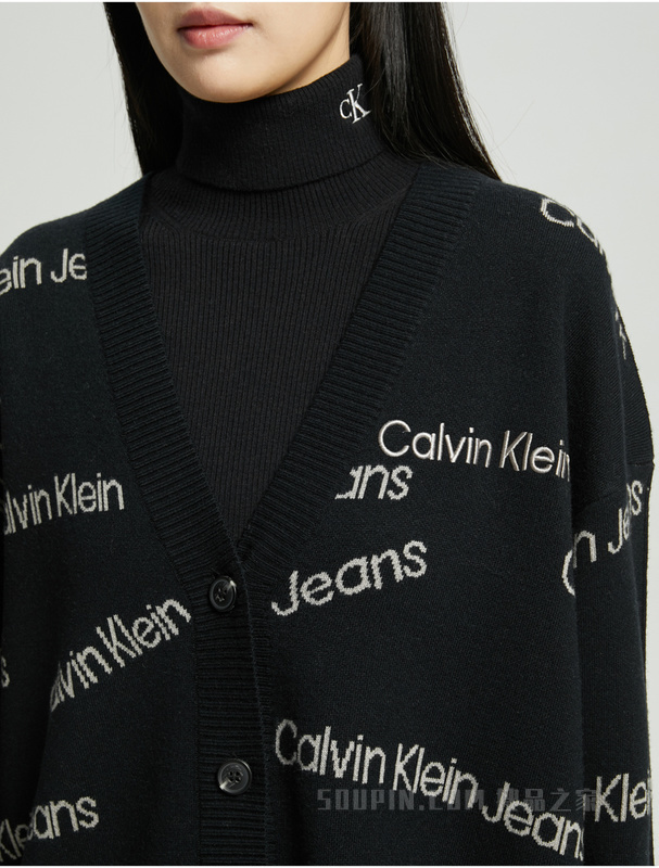 Calvin Klein 22秋冬新款女士休闲LOGO提花纽扣羊毛毛衣针织开衫J219942