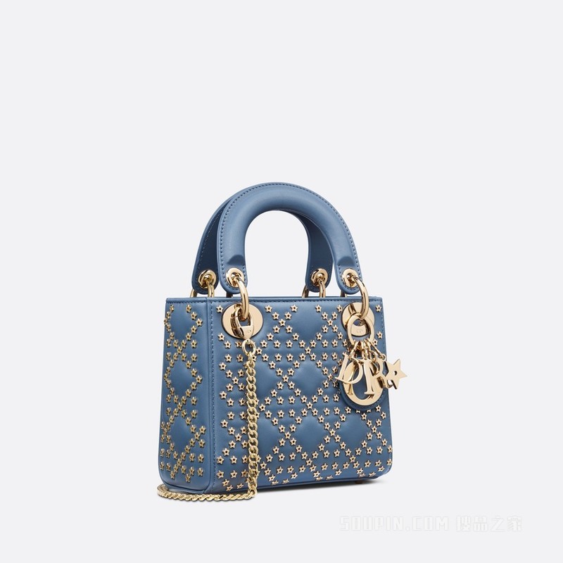 迷你 Lady Dior 手袋 丹宁蓝色羊皮革 Lucky Star 藤格纹图案