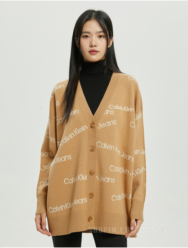 Calvin Klein 22秋冬新款女士休闲LOGO提花纽扣羊毛毛衣针织开衫J219942