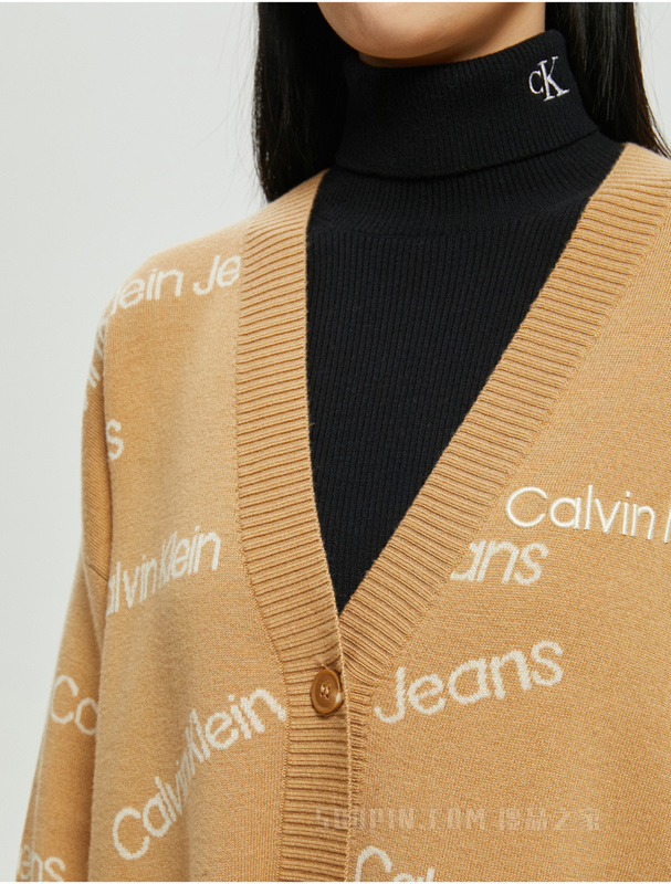 Calvin Klein 22秋冬新款女士休闲LOGO提花纽扣羊毛毛衣针织开衫J219942