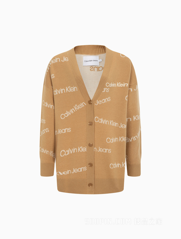 Calvin Klein 22秋冬新款女士休闲LOGO提花纽扣羊毛毛衣针织开衫J219942