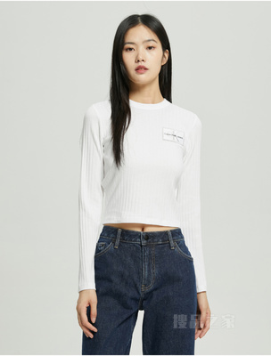 Calvin Klein 22秋冬新款女士时尚舒适圆领LOGO绣片修身长袖T恤J220491