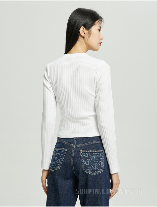 Calvin Klein 22秋冬新款女士时尚舒适圆领LOGO绣片修身长袖T恤J220491