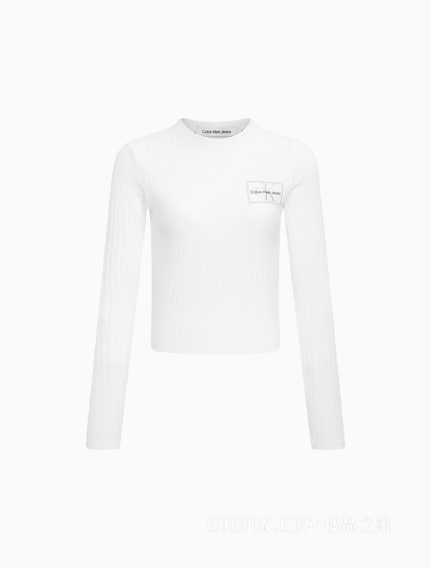 Calvin Klein 22秋冬新款女士时尚舒适圆领LOGO绣片修身长袖T恤J220491