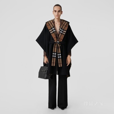 双面两穿格纹羊毛连帽披肩 (桦木棕)