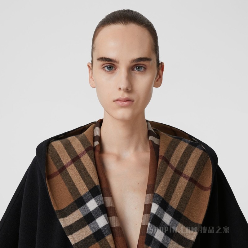 双面两穿格纹羊毛连帽披肩 (桦木棕)