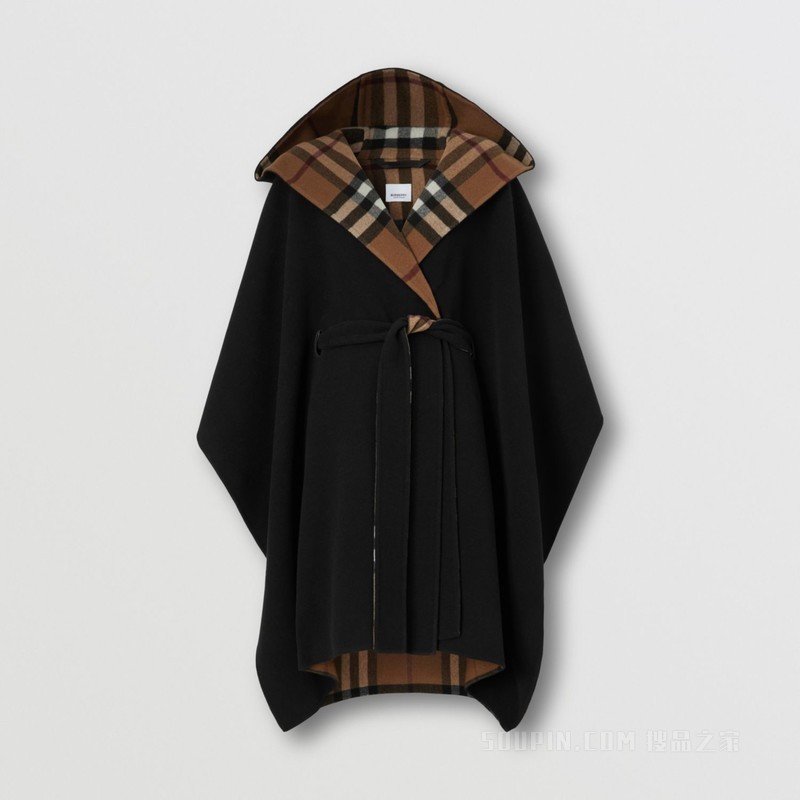 双面两穿格纹羊毛连帽披肩 (桦木棕)