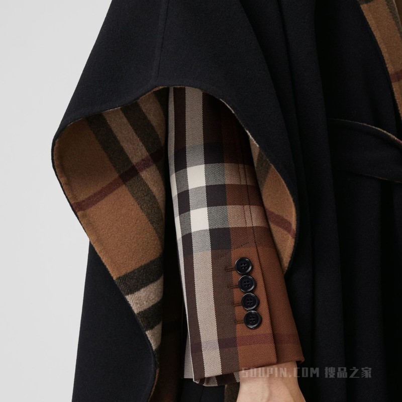 双面两穿格纹羊毛连帽披肩 (桦木棕)