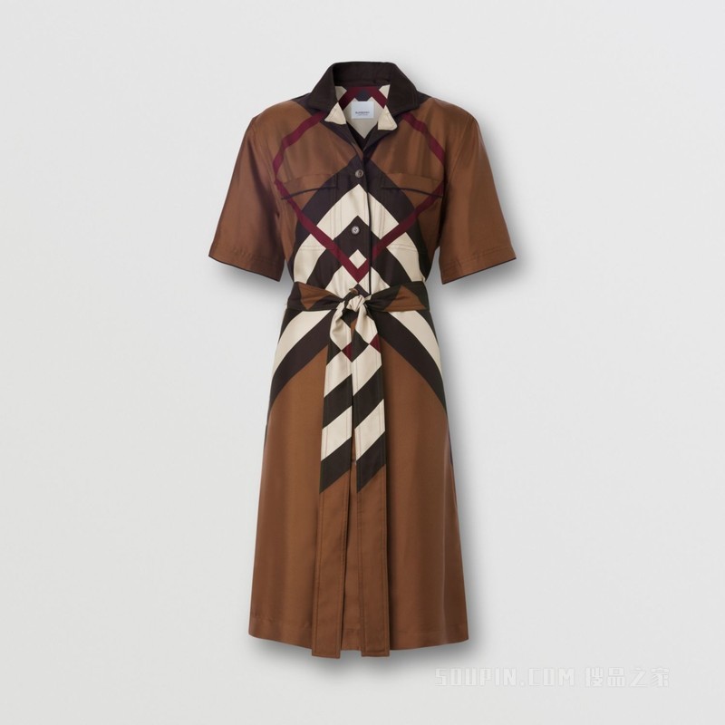 V 形格纹印花丝质衬衫式连衣裙 (深桦木棕) - 女士