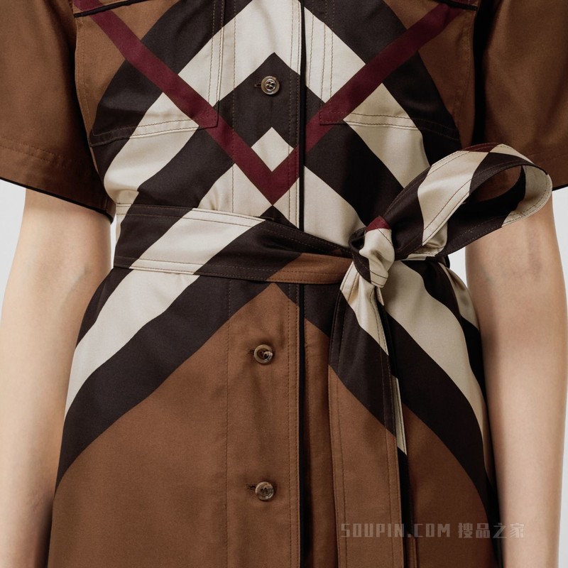 V 形格纹印花丝质衬衫式连衣裙 (深桦木棕) - 女士