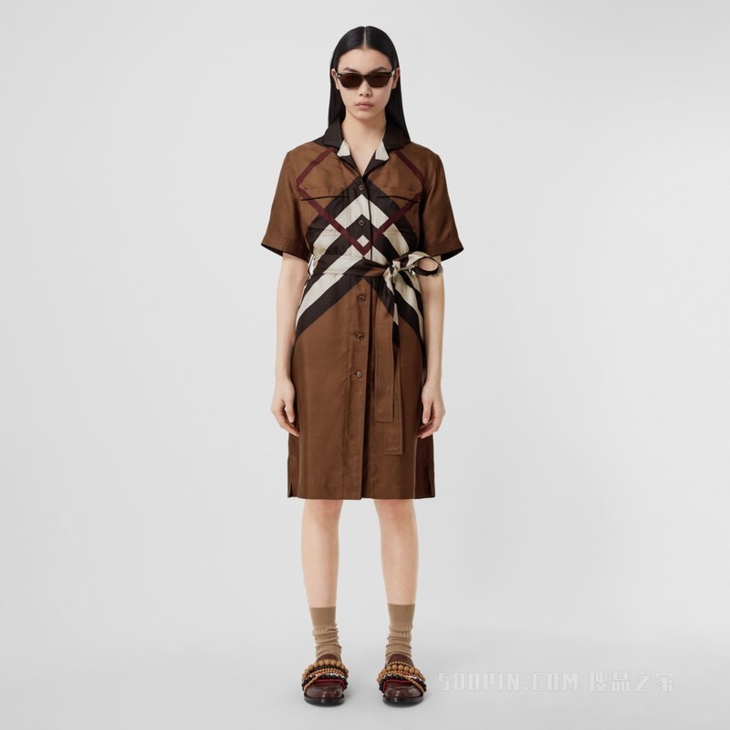 V 形格纹印花丝质衬衫式连衣裙 (深桦木棕) - 女士