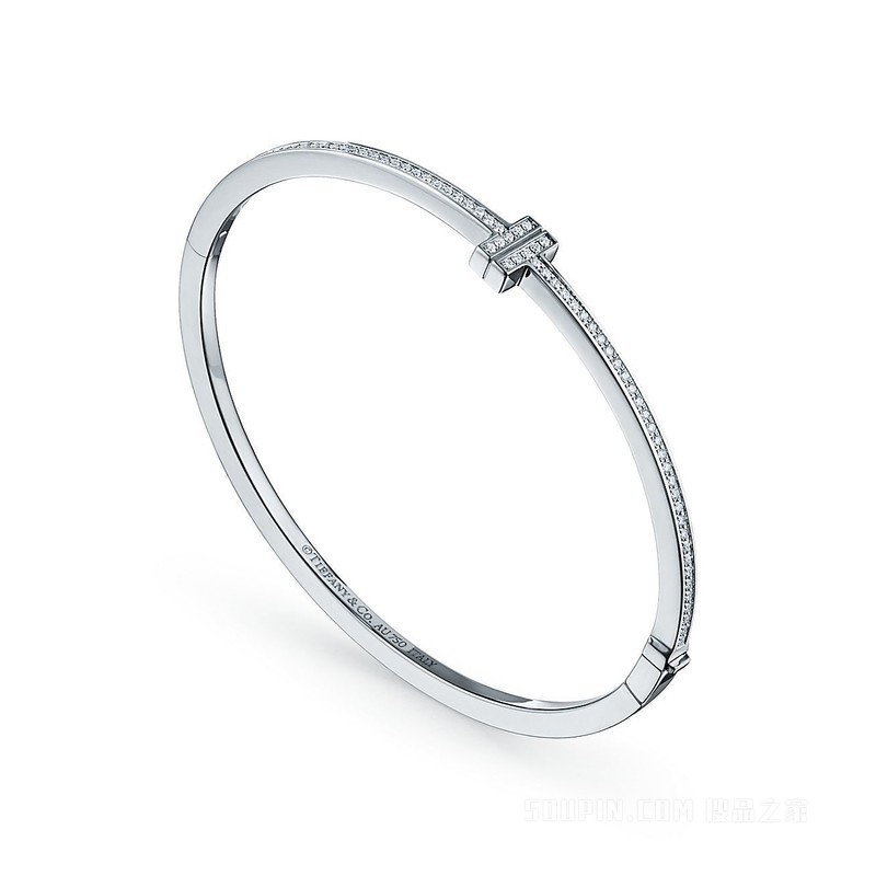 Tiffany T 系列 18K 白金镶钻铰链线圈手镯，大号。