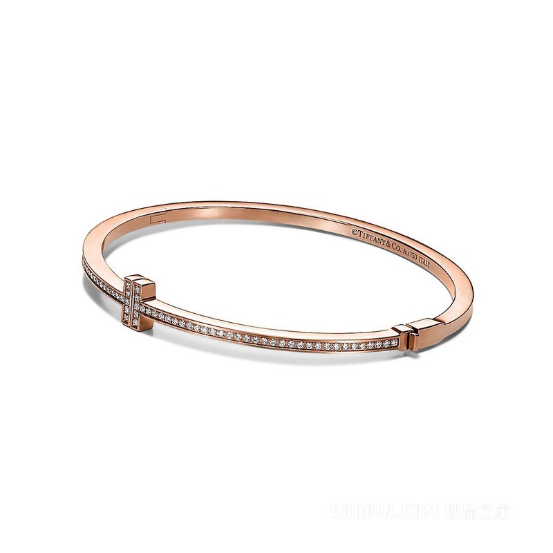 Tiffany T 系列 18K 玫瑰金镶钻铰链线圈手镯，中号。