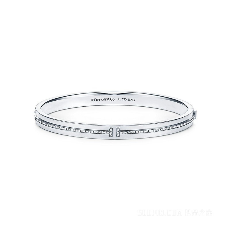 Tiffany T 系列 18K 白金镶钻铰链手镯，大号。