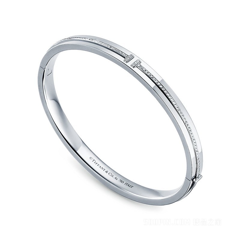 Tiffany T 系列 18K 白金镶钻铰链手镯，大号。