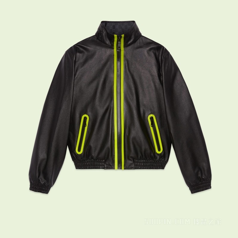 双面皮革飞行员夹克 黑色和荧光黄