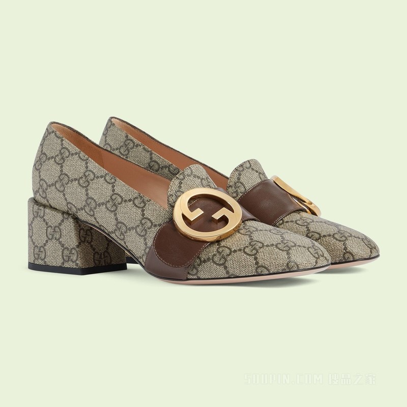 Gucci Blondie系列女士浅口鞋 米色和乌木色Supreme帆布