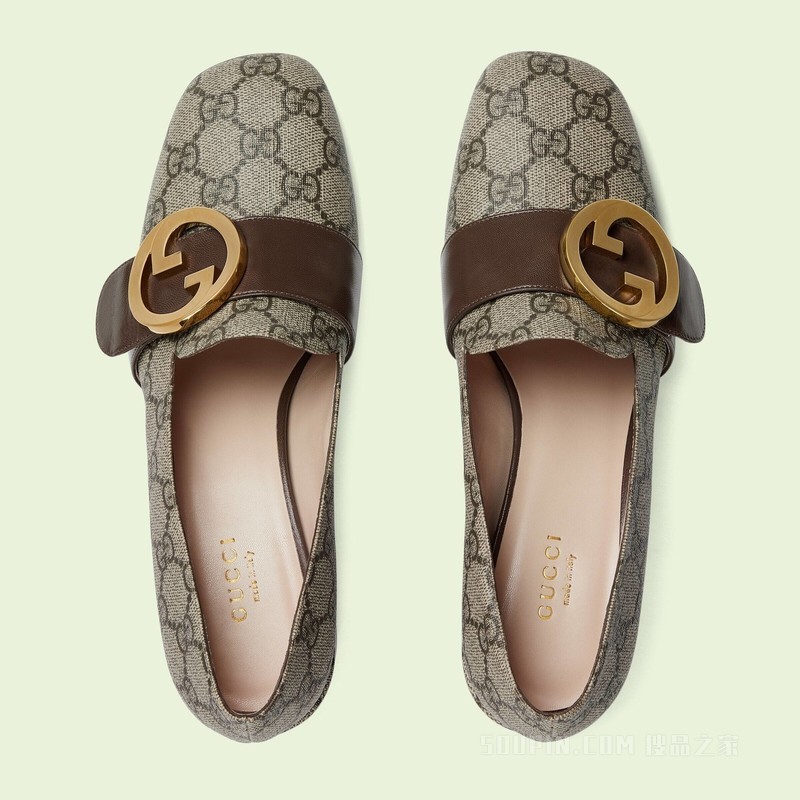 Gucci Blondie系列女士浅口鞋 米色和乌木色Supreme帆布