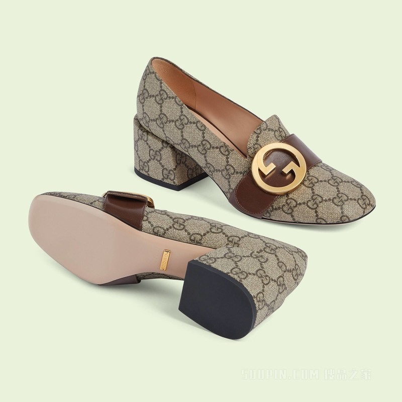 Gucci Blondie系列女士浅口鞋 米色和乌木色Supreme帆布
