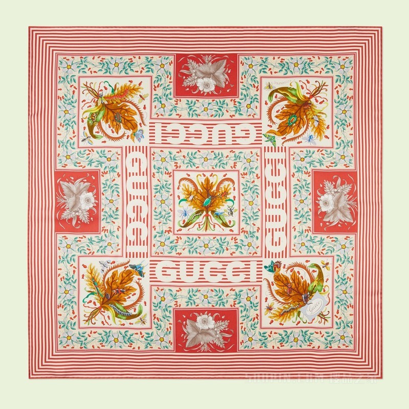 Gucci花卉印花真丝围巾 红色
