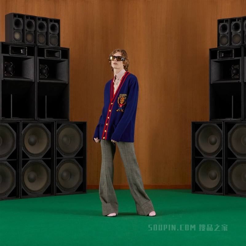 Gucci小猫嵌花羊毛开衫 蓝色