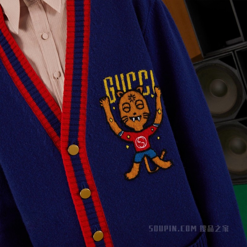 Gucci小猫嵌花羊毛开衫 蓝色