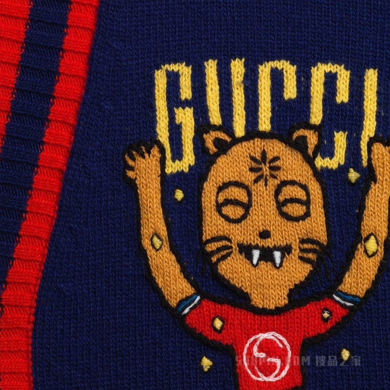 Gucci小猫嵌花羊毛开衫 蓝色