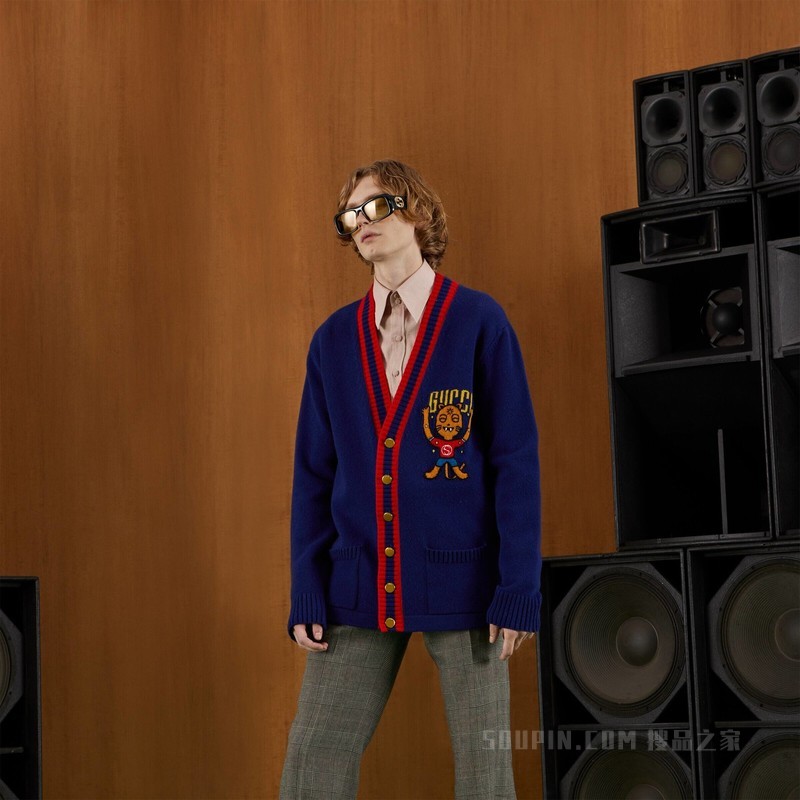 Gucci小猫嵌花羊毛开衫 蓝色