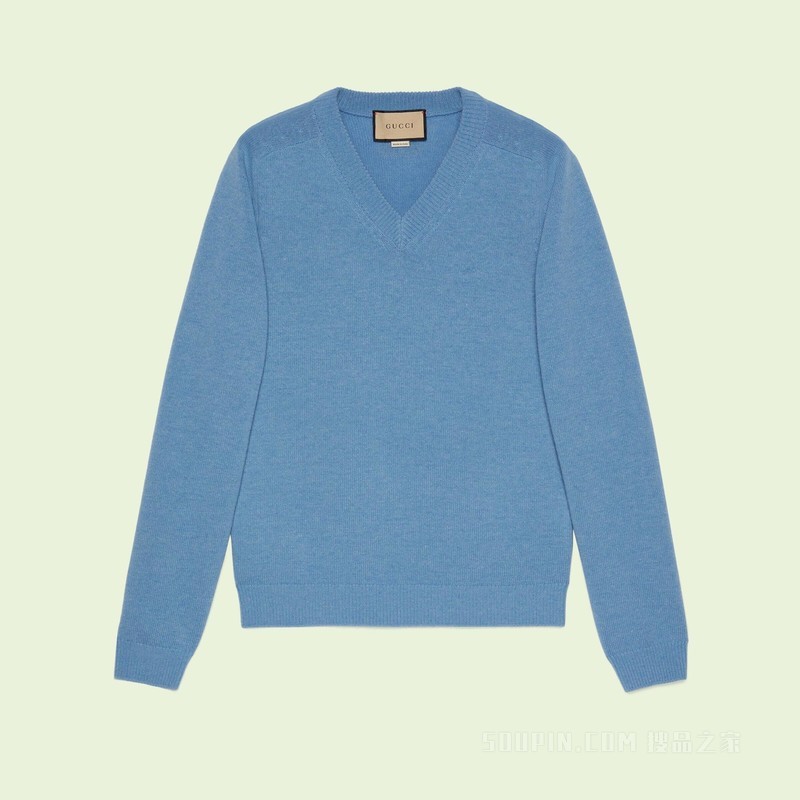 Gucci贴饰羊毛V领毛衣 浅蓝色