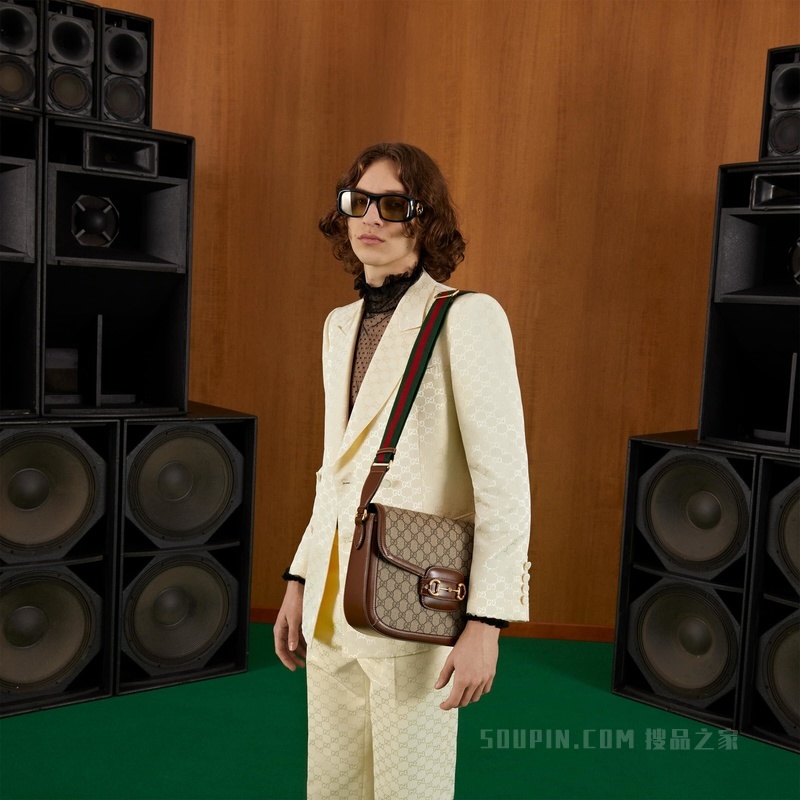 Gucci马衔扣1955系列肩背包 米色和乌木色Supreme帆布