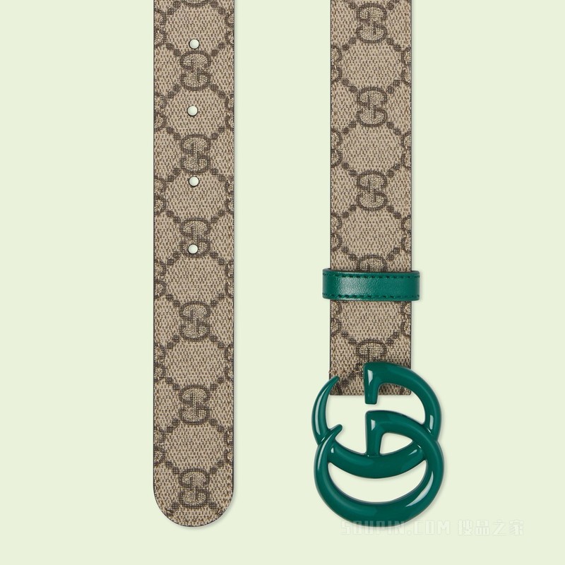 双G带扣窄版腰带 绿色皮革和帆布