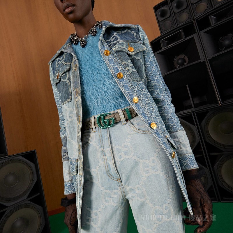 双G带扣窄版腰带 绿色皮革和帆布