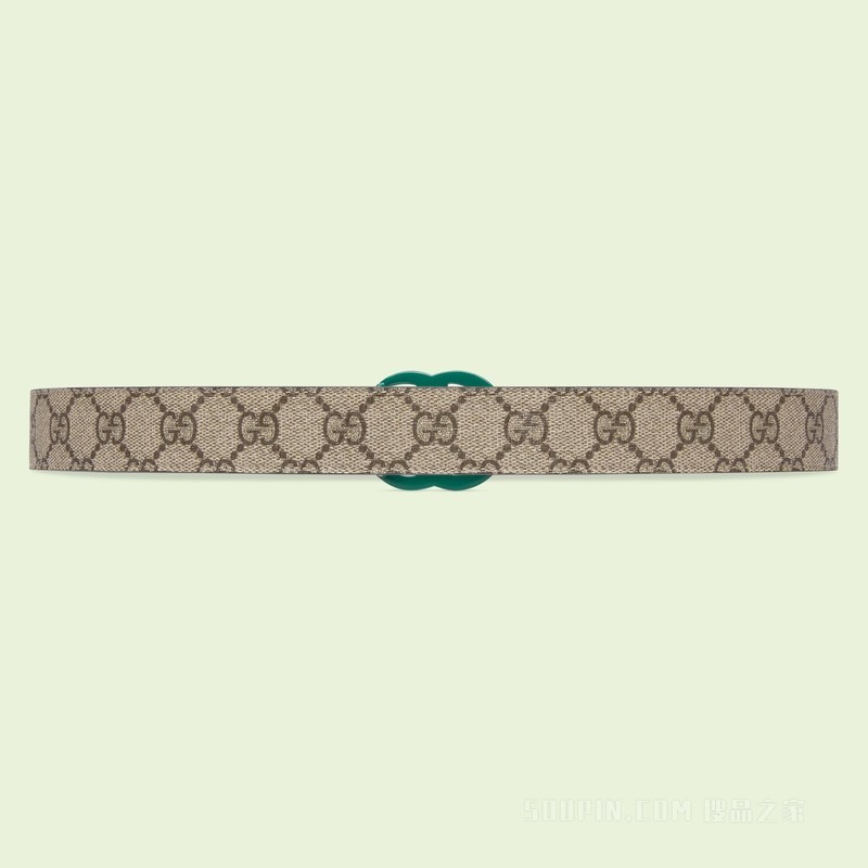 双G带扣窄版腰带 绿色皮革和帆布
