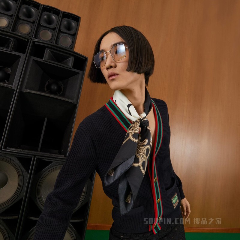 双Gucci印花真丝围巾 黑色