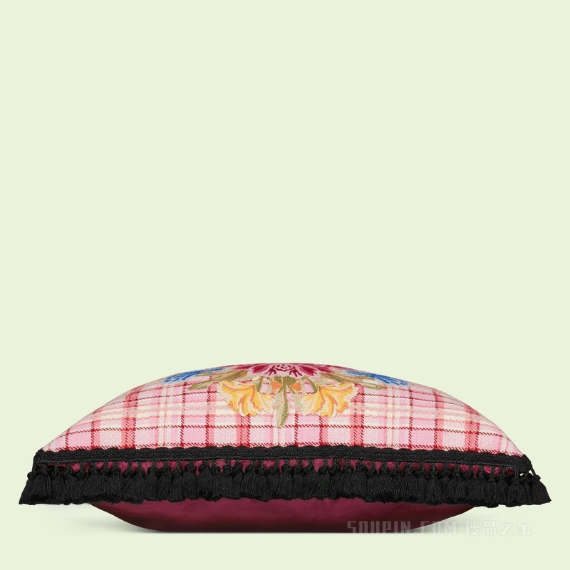 饰刺绣花束贴饰枕垫 粉色和黑色