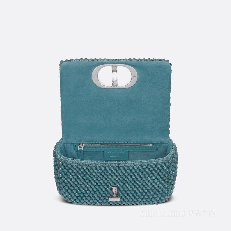 小号 Dior Caro 手袋 天蓝色牛皮革珠饰刺绣