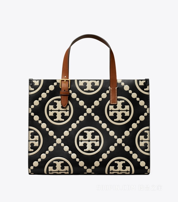 T Monogram 小号撞色压花托特包 黑色