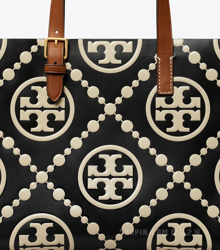 T Monogram 小号撞色压花托特包 黑色