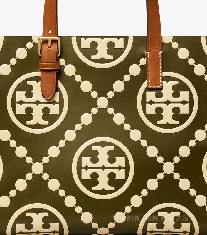 T Monogram 小号撞色压花托特包 橄榄绿