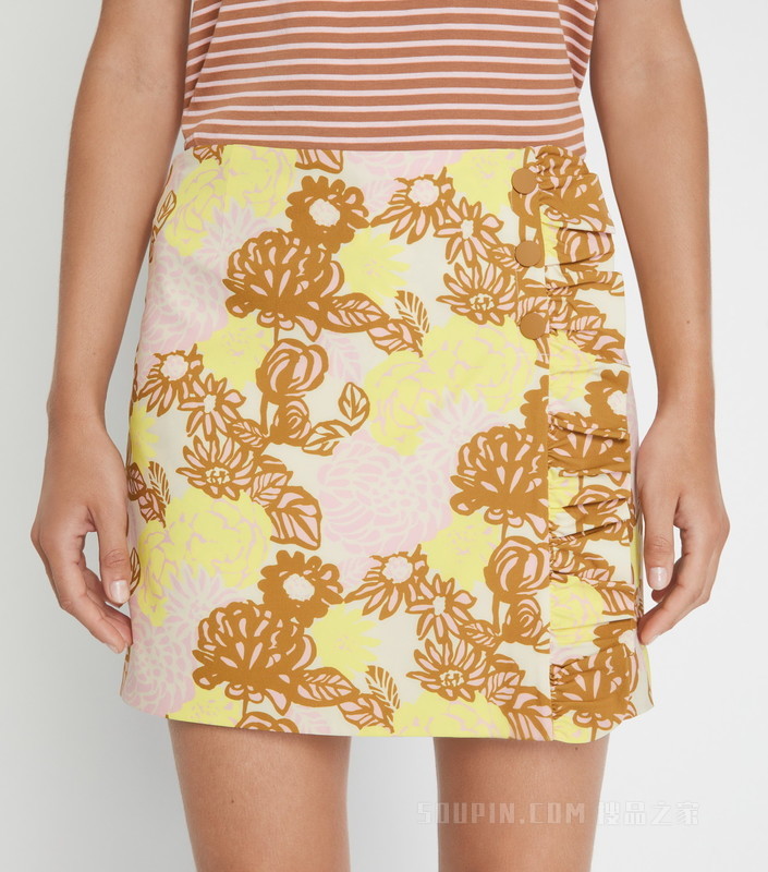 印花褶裥高尔夫裙裤 奶油白花纹