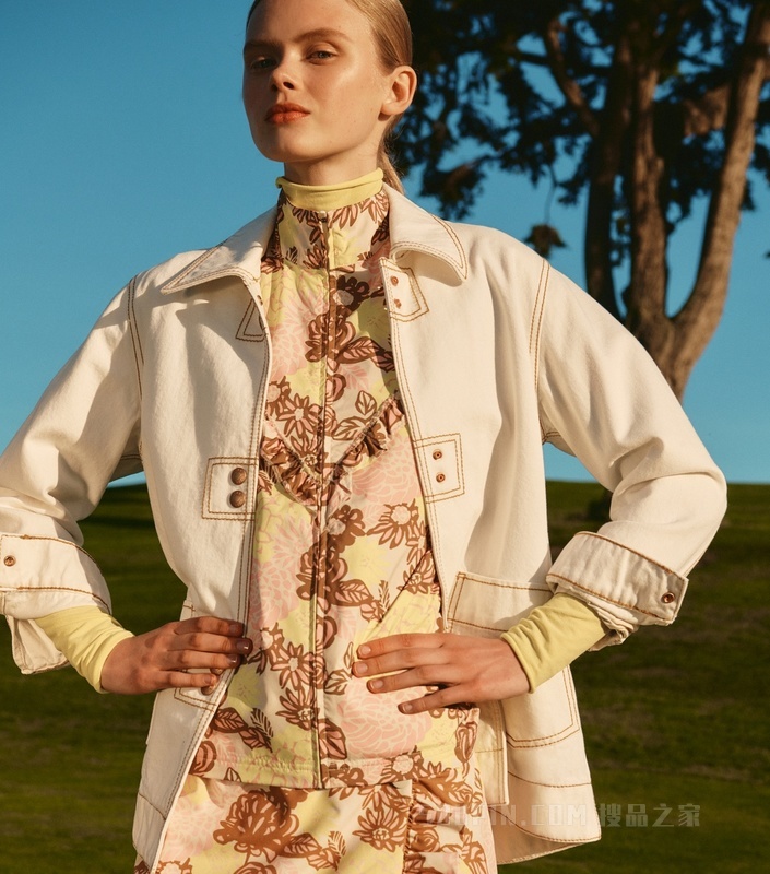 印花褶裥高尔夫裙裤 奶油白花纹