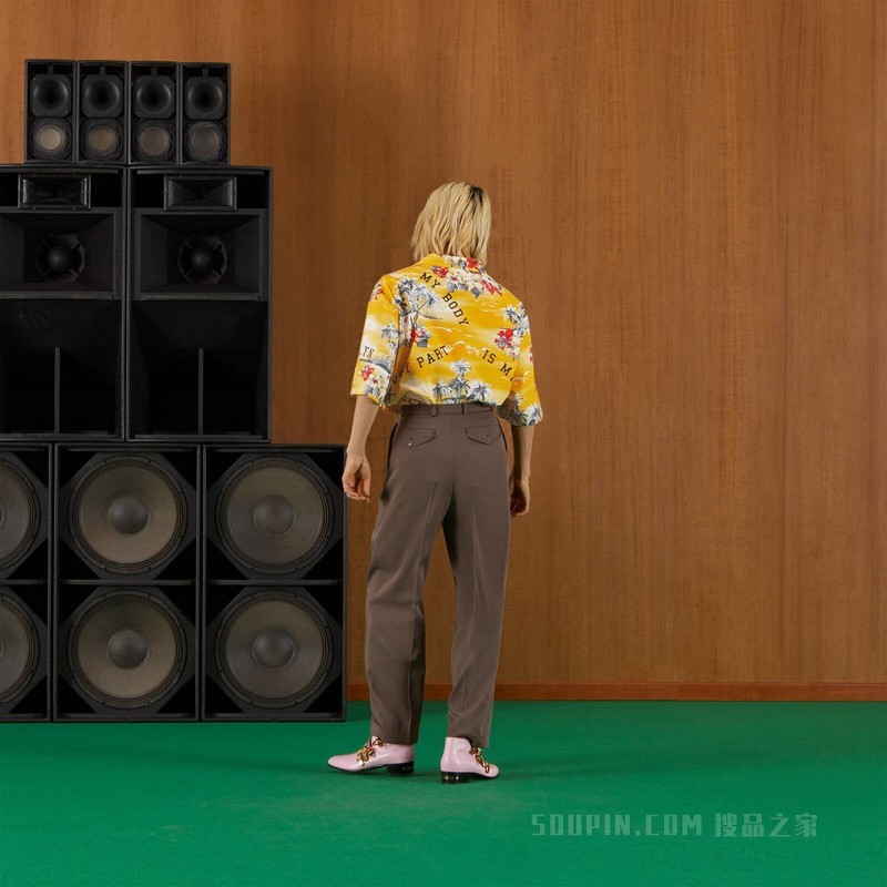 饰Gucci标签羊毛长裤 深棕色